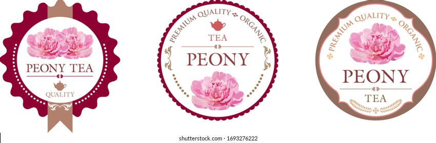 Set Of Vector Label With Peony Tea.