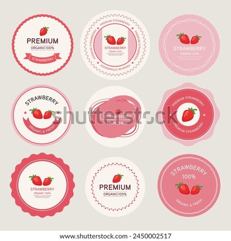 Set of vector label with strawberry. Round sticker banner design with pink color theme.