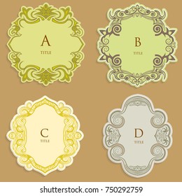 Set vector label, vintage frame for an inscription, calligraphic ornament, template to cut paper, space for images or lettering, 3D effect.