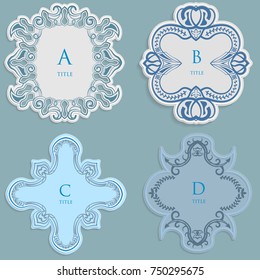 Set vector label, vintage frame for an inscription, calligraphic ornament, template to cut paper, space for images or lettering, 3D effect.