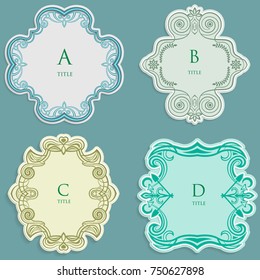 Set vector label, vintage frame for an inscription, calligraphic ornament, template to cut paper, space for images or lettering, 3D effect.