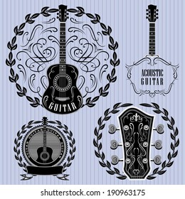 set of vector labels with acoustic guitars