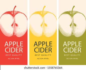 Set of vector labels for Apple cider with a realistic image of half an apple and calligraphic inscription on in retro style