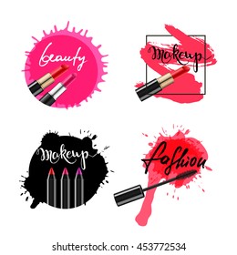 Set of vector labels, badges, banners with makeup cosmetic and lettering. Calligraphy words makeup, beauty, fashion and lipstick smears, isolated. Ink and watercolor backgrounds. 
