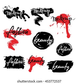 Set of vector labels, badges, banners with makeup lettering. Calligraphy words makeup, beauty, fashion and lipstick smears, isolated. Ink and watercolor backgrounds. 