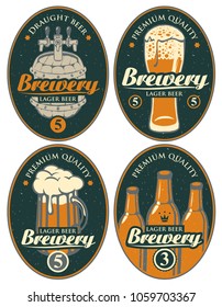 Set of vector labels or banners for lager beer and brewery, with calligraphic inscription on old paper background in oval frame