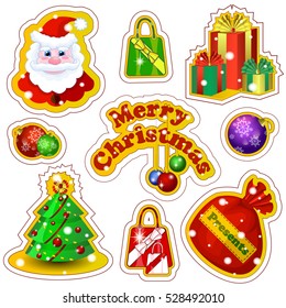 Set of vector labels for Christmas in a cartoon style. Santa Claus, gift boxes, bags with bows, decorated Christmas tree, balls with a pattern of snowflakes, greeting inscription with festive decor.