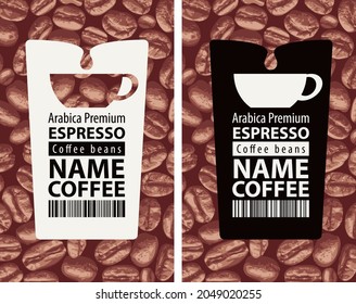 A set of vector labels for coffee beans with a cup and a barcode on the background of coffee beans. Espresso, Arabica premium