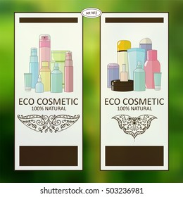 Set of vector labels for cosmetic. Emblem, labels, logos, badges for beauty and makeup cosmetics from organic ingredients, eco products. Flat style, green background. Cute cosmetic bottles