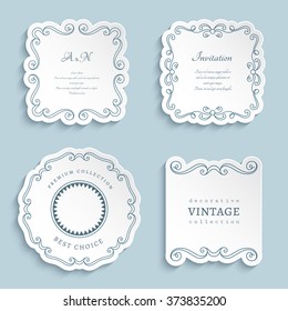 Set of vector labels, cutout paper frames with flourish decoration, vintage ornamental calligraphic vignettes, eps10