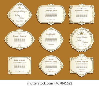 Set of vector labels, cutout paper frames with flourish decoration, vintage ornamental calligraphic vignettes, Wedding label frame design 