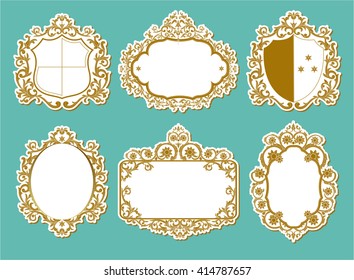 Set of vector labels, cutout paper frames with flourish decoration, vintage ornamental calligraphic vignettes