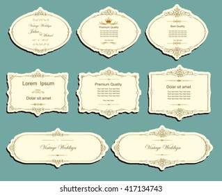 Set of vector labels, cutout paper frames with flourish decoration, vintage ornamental calligraphic vignettes, Wedding label frame design 