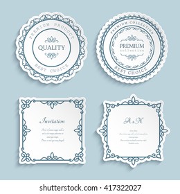 Set of vector labels, cutout paper frames with border decoration, vintage ornamental calligraphic vignettes