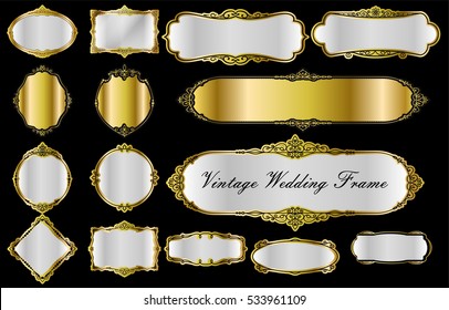 Set of vector labels, cutout paper frames with flourish decoration, vintage ornamental calligraphic vignettes, Wedding golden and silver label frame design line floral