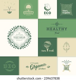 Set of vector labels and design elements for healthy products.