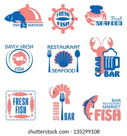 set vector labels and emblems of fish and seafood