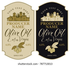 Set of vector labels for extra virgin olive oil with calligraphic inscription and with the image of the rural Italian landscape in retro style