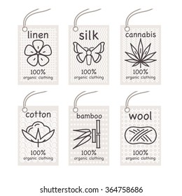 Set vector labels. Flax, silk, cotton, cannabis, bamboo, wool. Images for stores organic clothing, textiles, children stuff.