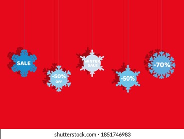 Set of vector labels in the form of snowflakes hanging on a thread. Round price tag with elements of winter decor, for posting information about a sale, discount, holiday offer, percentage. 