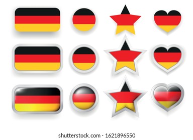 Set of vector labels of Germany - flag button, round button, star and heart sign of love in flag colors black, red, yellow for poster or flyer
