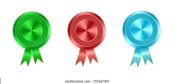 Set of vector labels green, red and blue with colored ribbons with gold ribbon on white background. Collection of world medals for winning products. Red medal, green medal, blue medal 