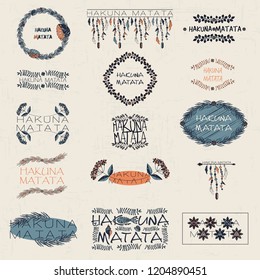 set of vector labels. Hakuna Matata. plants, feathers, shells. summer theme
