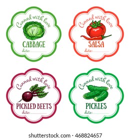 Set of vector labels with hand drawn vegetable. Templates for design can be used as sticker on jar, preserving, farmers market, organic food store. Cabbage, tomato, cilli, beet, pickles, salsa