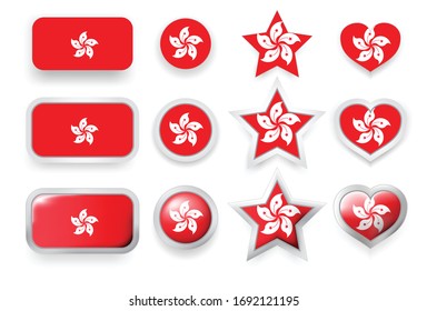 Set of vector labels of Hong Kong flag button, round button, star and heart sign of love in flag colors red, white for poster or flyer