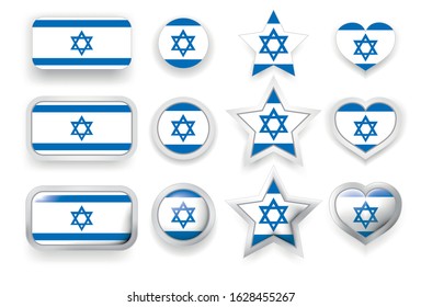 Set of vector labels of Israel - flag button, round button, star and heart sign of love in flag colors blue, white for poster or flyer