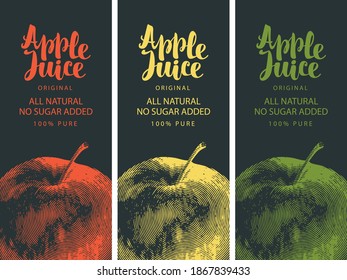 Set of vector labels for natural apple juice with a realistic image of an apple and calligraphic inscription on the black background