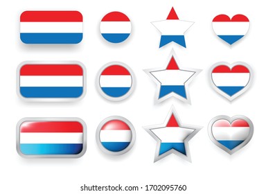 Set of vector labels of Netherlands flag button, round button, star and heart sign of love in flag colors red, blue, white for poster or flyer
