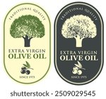 Set of vector labels for olives or olive oil with olive tree design in retro style. Suitable for designing logo, sticker, banner