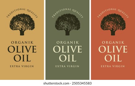 Set of vector labels for olives or olive oil with olive tree design. Suitable for designing logo, sticker, banner