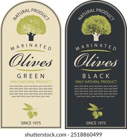 Conjunto de rótulos vetoriais para azeitonas ou azeite com desenho de oliveira em estilo retro. Adequado para projetar logotipo, adesivo, banner