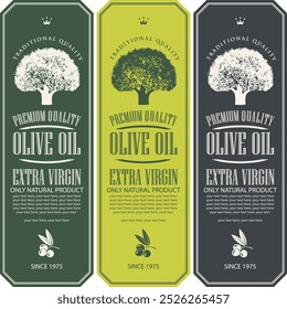 Set of vector labels for olives or olive oil with olive tree design in retro style. Suitable for designing logo, sticker, banner