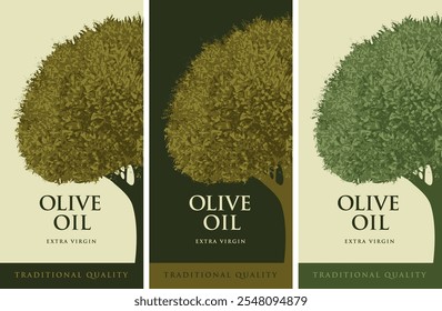 Set of vector labels for olives or olive oil with olive tree design in retro style. Suitable for designing logo, sticker, banner