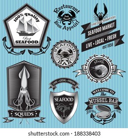 set of vector labels on the topic seafood