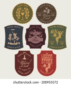 Set of vector labels on wine in retro style