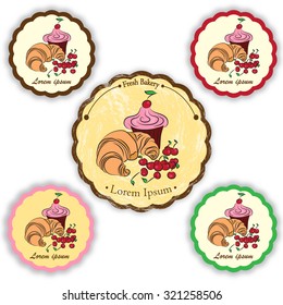 Set of vector labels with pastries, sweets. Croissant, cupcake and cherry