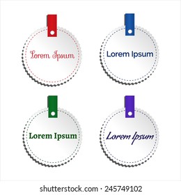 Set of vector labels. Price tags with red, blue, green, violet ribbons. Realistic labels for price tag or sale. Colored stickers for special offers.