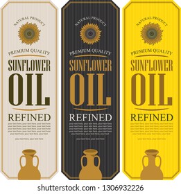 Set of vector labels for refined sunflower oil with sunflower, clay jug and place for text on the striped background