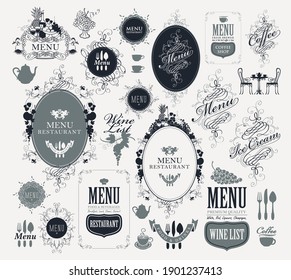 Set of vector labels for restaurant or cafe menu design in retro style. Vintage ornate frames in grey colors with curlicues, fruits and inscriptions. Elegant design elements for menu decorations