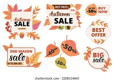 Set of vector labels for seasonal Autumn sale. Season discounts elements. Labels and banners with autumn leaves and elements, lettering, handwritten text.