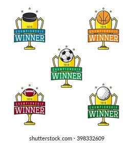 Set of vector labels of sport winner. Collection of logos of championship winner with golden cup. Vector templates.