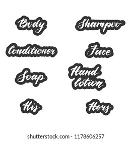 Set of vector labels. Stickers for bathroom jars or containers. Hand drawn patch elements for your design. Graphic illustration