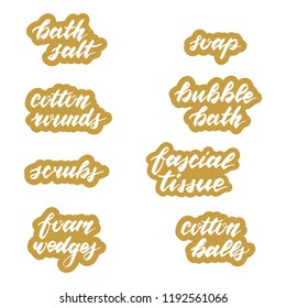 Set of vector labels. Stickers for bathroom jars or containers. Hand drawn patch elements for your design. Graphic illustration