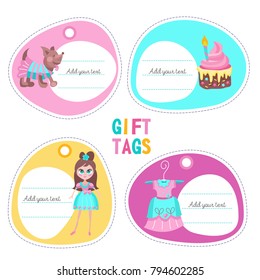 Set of vector labels, tags, invitations with place for text. Beautiful girl doll, cute little dog in costume, a cake with a candle on a birthday party, a beautiful dress for the Princess. 