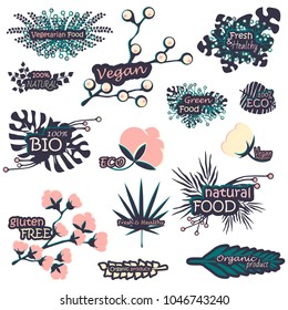 set of vector labels. a theme of a healthy food and vegetarianism. flowers, leaves and branches of plants
