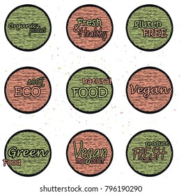 set of vector labels. a theme of a healthy food and vegetarianism.